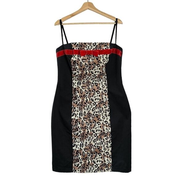 Lucky 13 Leo Black Cheetah Print Red Velvet Bow Bust Pencil Midi Dress Size XXL - Picture 1 of 8